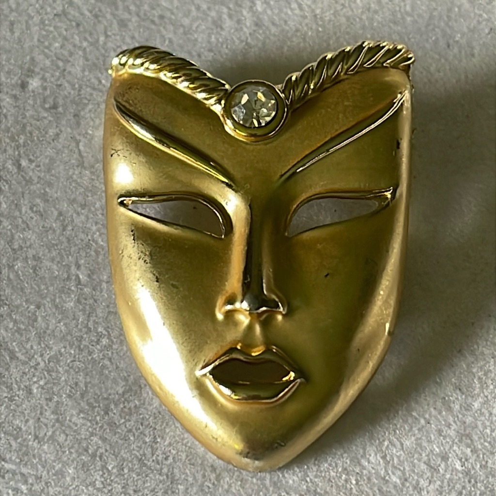 Vtg Mardigras/Theater Women Mask, Postmodern Brushed Gold Tone Brooch